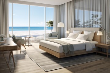 Artists depiction of hotel room with king bed and ocean view