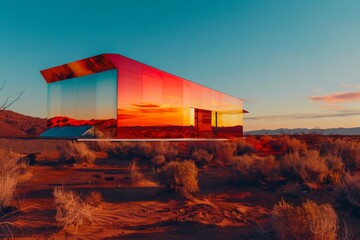 Obraz premium A mirror glass home in a desert setting, where the refracted light creates a mirage of vibrant reds, oranges, and yellows against the sandy backdrop 