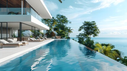 Luxury architecture, ocean front property landscape. Modern minimalist design with infinity pool, sleek contemporary designer furniture, panoramic coastal view background. vacation home or hotel. 