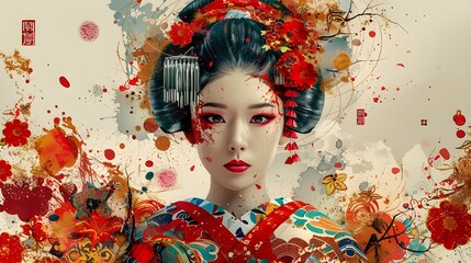 Geisha illustration. Young adult Japanese woman in traditional kimono. Modern graffiti wall style background, surreal fantasy landscape. 3D render digital artwork. Travel to japan concept wallpaper.