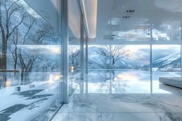 A mountain retreat mirror glass home where the morning light refracts through the crisp air, displaying a kaleidoscope of icy blues, whites, and grays