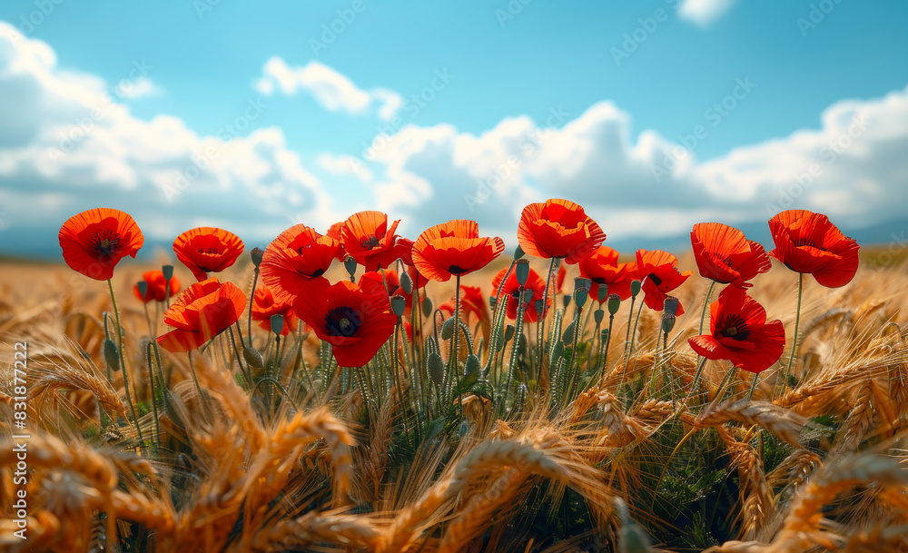 Aufkleber red poppies in the field of wheat. a photo of red poppies in the middle of a field with golden wheat