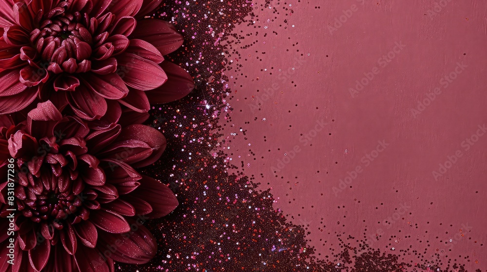 Poster a muted pink vertical background with a in the lower left corner, and a backdrop filled with dark re