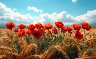 Fototapeta premium Red poppies in the field of wheat. A photo of red poppies in the middle of a field with golden wheat