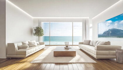 A spacious living room adorned with pristine white walls and expansive windows that unveil a mesmerizing vista of the cerulean ocean.