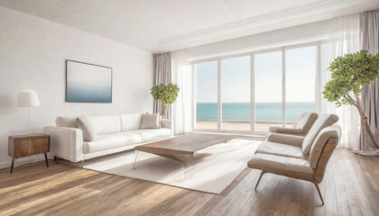A spacious living room adorned with pristine white walls and expansive windows that unveil a mesmerizing vista of the cerulean ocean.