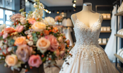 Beautiful wedding dresses on mannequin in bridal shop