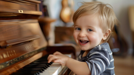 Little kid boy playing piano in living room. Child having fun with learning to play music instrument
