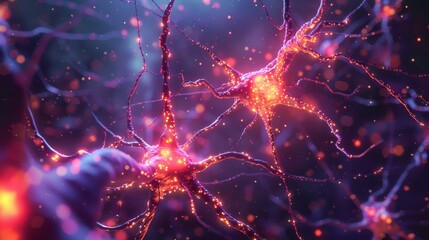 Design an abstract mindscape of interconnected neon neurons in a digital CG 3D style