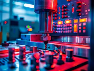CNC machining tools in use close up, focus on, copy space, vibrant colors, Double exposure silhouette with control panels