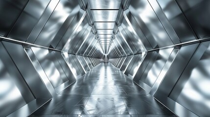 Futuristic silver metal tunnel with shiny surfaces and reflections, depicting the interior of a spaceship corridor. High resolution and hyper-realistic details with professional color grading enhance 