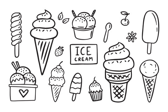 Ice cream Hand drawn doodle set. Different types, waffle cone, cup ice cream, popsicle, sundae. Sketch style cafe menu, card, birthday card decoration.