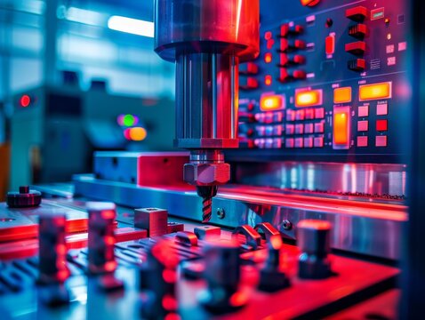 CNC machining tools in use close up, focus on, copy space, vibrant colors, Double exposure silhouette with control panels