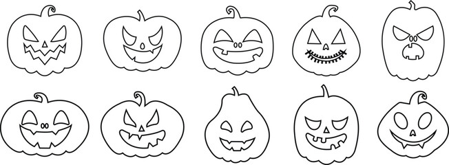 Obraz premium Set of linear Smiling cartoon lantern faces. Cute Halloween Pumpkin icons. Halloween pumpkin day symbols editable stock. Holiday character in the shapes of pumpkin isolated on transparent background.