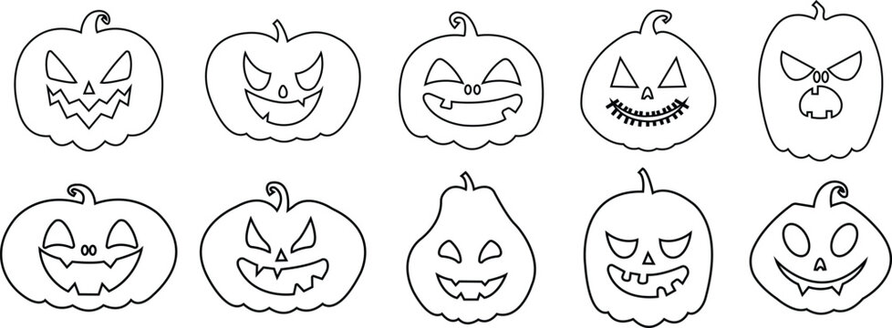 Set of linear Smiling cartoon lantern faces. Cute Halloween Pumpkin icons. Halloween pumpkin day symbols editable stock. Holiday character in the shapes of pumpkin isolated on transparent background.
