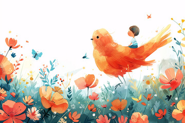 Illustration of a fairy tale scene a little ridding a bird over a field of wildflowers
