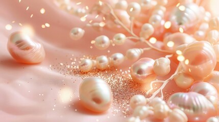 A pastel coral pink background featuring a spray of peach and ivory pearls, enhanced with rose gold glitter, suitable for a sophisticated baby girl birth announcement.