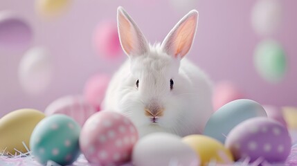 Adorable Bunny With Easter Eggs In Flowery Meadow
