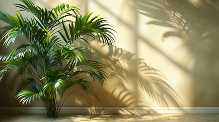 Blurred shadow from palm leaves on the light cream wall. Minimalistic beautiful summer-spring background for product presentation.