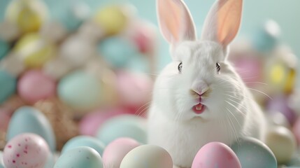 Adorable Bunny With Easter Eggs In Flowery Meadow