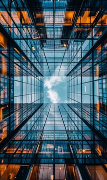 Abstract modern glass office building in downtown, view from below