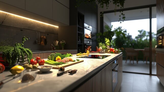 Interactive digital kitchen countertop displaying healthy recipes and nutritional information in a modern home setting