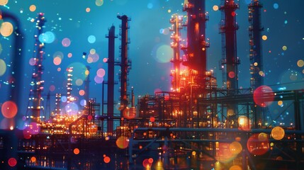 Naklejka premium Chemical plant heavy industry setup close up, focus on, copy space, vibrant colors, Double exposure silhouette with chemical reactions