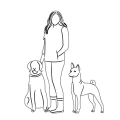 woman and dogs sketch on white background