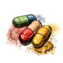 Colorful health supplement capsules and powders on a clean white background, Modern, Sketch.