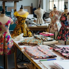 Sewing workshop with garments in various stages of construction, Crafting, Illustration.