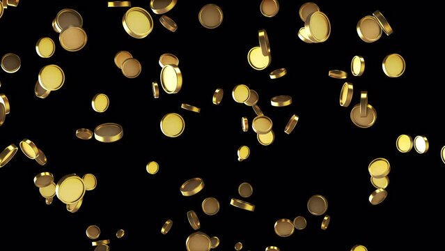 Gold coin rain. Transparent background. Money drop 3d animation with alpha channel
