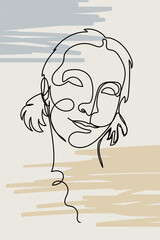 Card or poster with one single line drawing of female face and abstract shapes. Monochrome minimalist portrait. Modern trendy fashion sketch of woman head