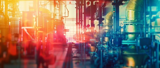 Fototapeta premium Hightech industrial equipment close up, focus on, copy space, vibrant colors, Double exposure silhouette with machinery