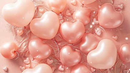 A pastel coral pink canvas with a collection of pearl pink heart-shaped balloons, encircled by delicate coral glitter, perfect for a soft and sweet baby girl birth announcement.