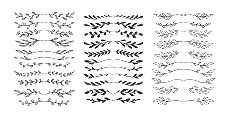 Set hand drawn floral elements isolated doodle line style. Outline silhouette branches.