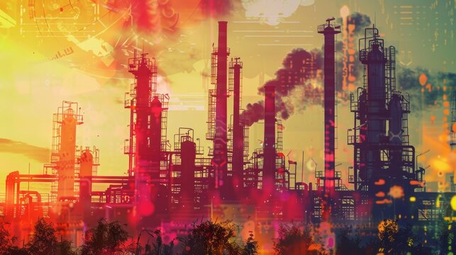 Chemical plant heavy industry setup close up, focus on, copy space, vibrant colors, Double exposure silhouette with chemical reactions