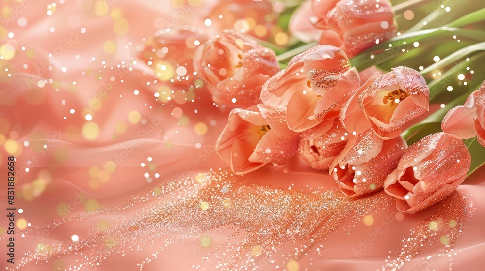 Poster a peach pink background with a cascade of glittering tulips and subtle peach glitter, creating a sof