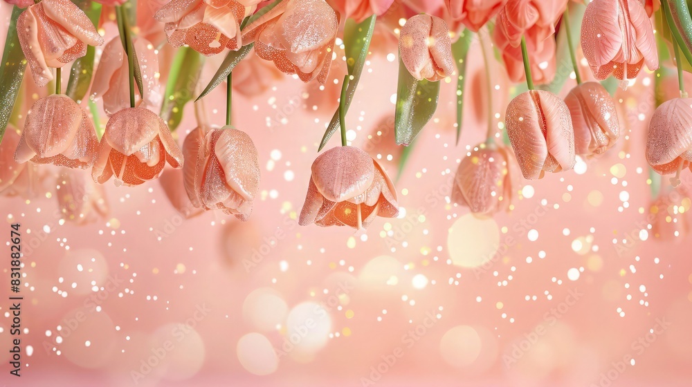 Poster a peach pink background with a cascade of glittering tulips and subtle peach glitter, creating a sof