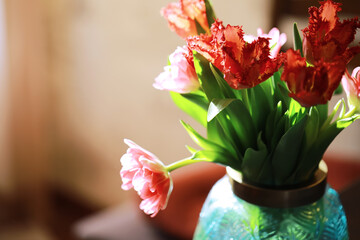 Tulip flowers close-up in a vase. Mothers Day.
