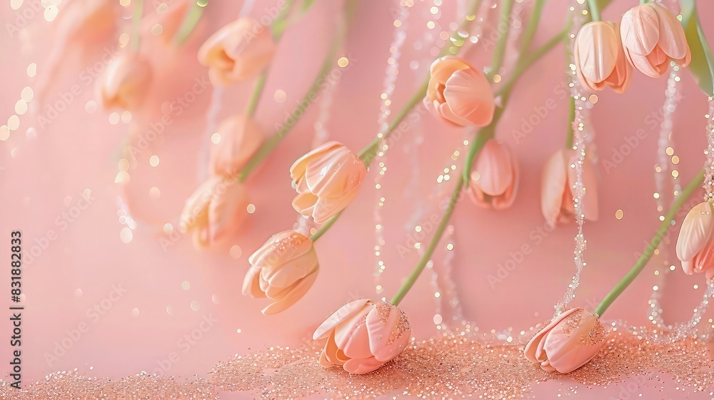 Poster a peach pink background with a cascade of glittering tulips and subtle peach glitter, creating a sof