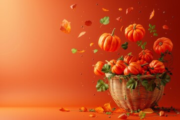 A basket full of pumpkins and leaves on a bright orange background - Powered by Adobe