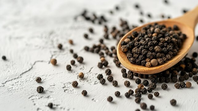 black peppercorns in wooden spoon and scattered on white table background
