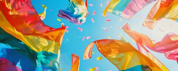 Capture the vibrant energy of a Pride parade with a low-angle view of rainbow flags waving against a clear blue sky, evoking joy and celebration in a traditional watercolor style