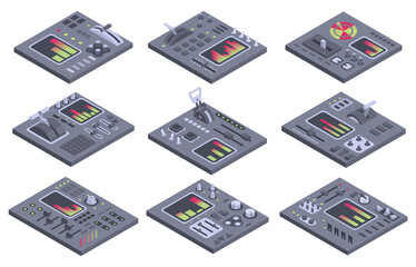 Isometric control panels spaceship with sliders, controllers, buttons. 3d dashboards on white background. Aircraft toggle switches panel illustration © designer_things