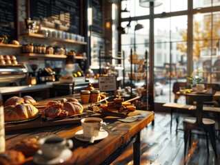 Wide-angle view of a cozy coffee shop