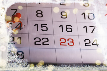 Valentines day. Calendar for with circled date february 14. snow background, valentine's day concept