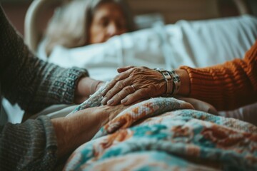 Woman assisting and supporting her senior mother lying in bed at the hospital, she is holding her hand