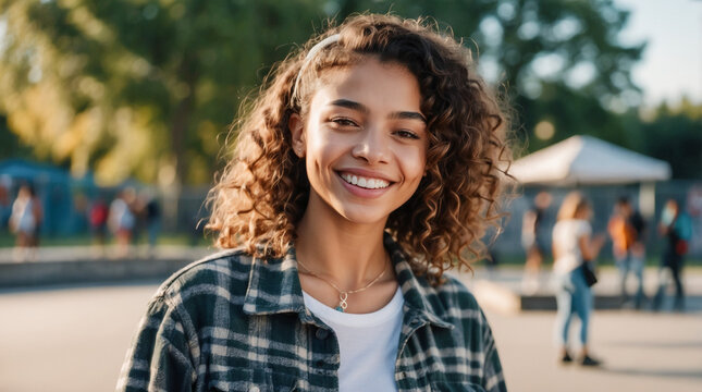 A woman with curly hair beams with happiness as she looks directly at the camera, her eyes sparkling with delight