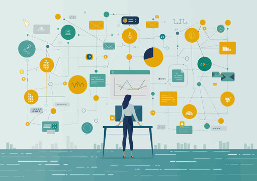 Business team analyzing marketing communication strategy on CRM software, social listening, client interaction, minimalist illustration