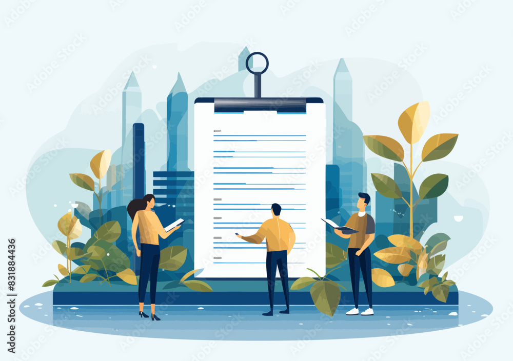 Poster business people completing task checklist on clipboard - minimalist vector concept illustrating proj